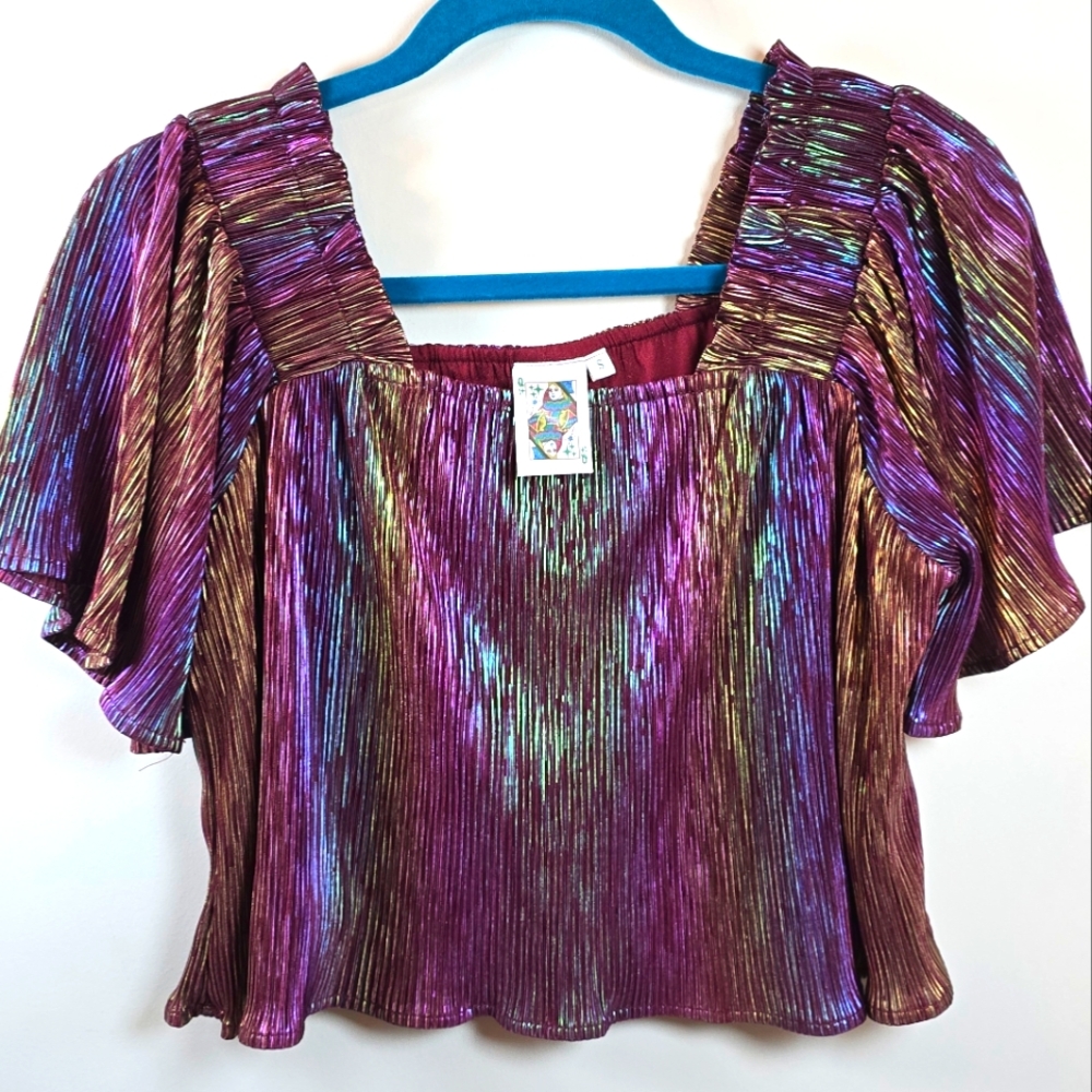 Queen Of Sparkles Metallic Multicolor Pleated Women's Crop Top Size S